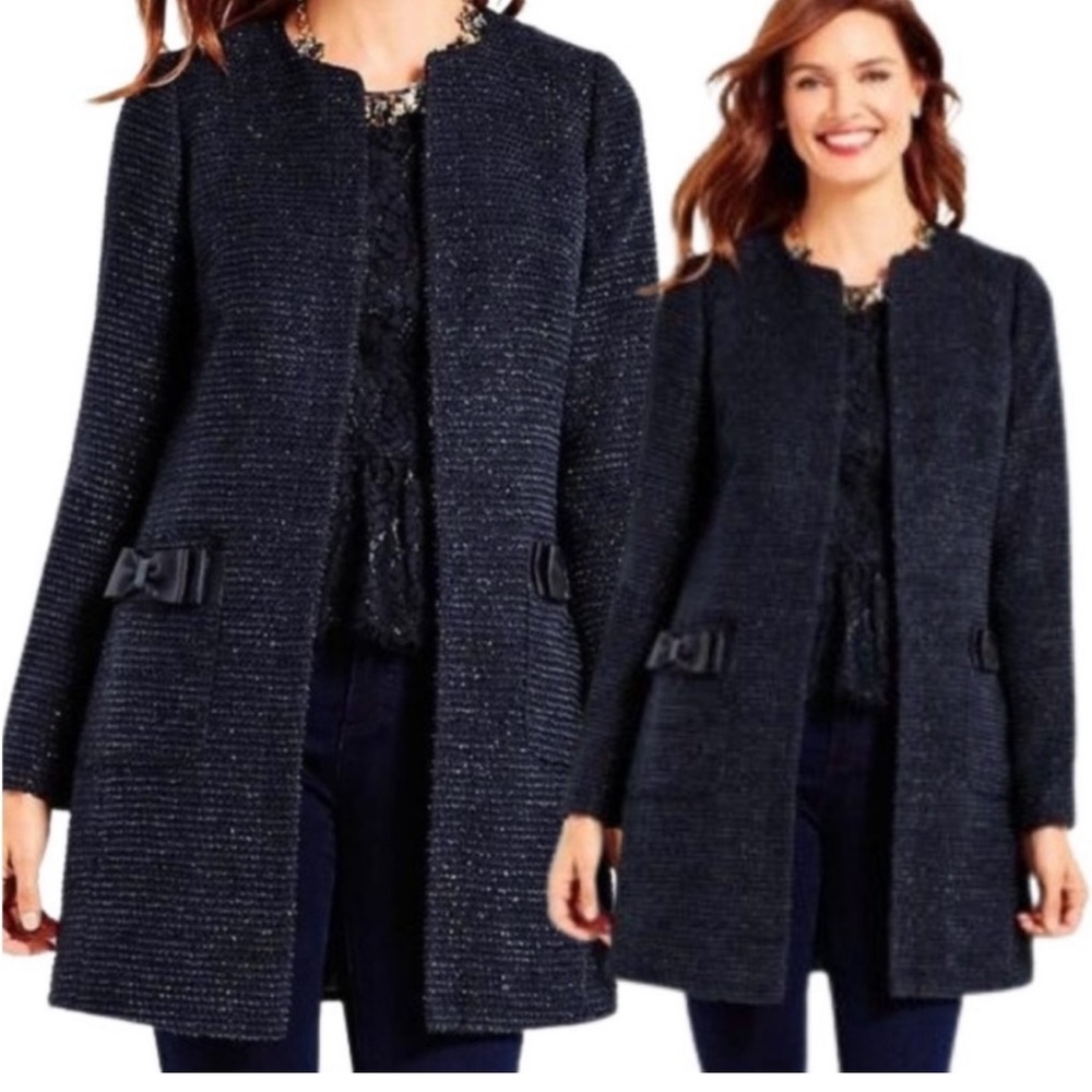 NWT RSVP‎ by Talbots Lurex Metallic Blue Tweed Jacket Bow Size 6